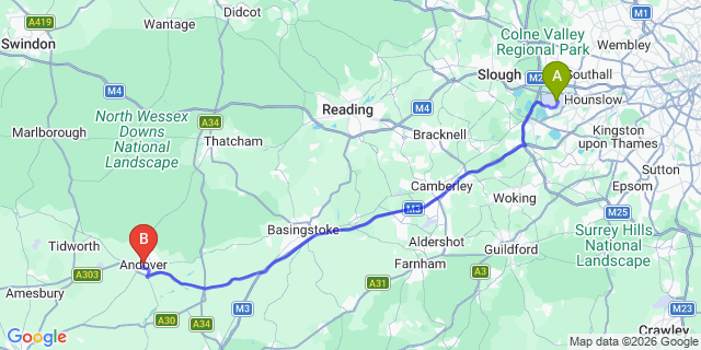 Map: London Heathrow Airport (LHR) to Andover