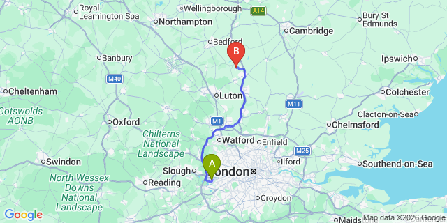 Map: London Heathrow Airport (LHR) to Arlesey