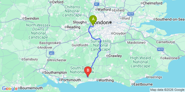 Map: London Heathrow Airport (LHR) to Arundel