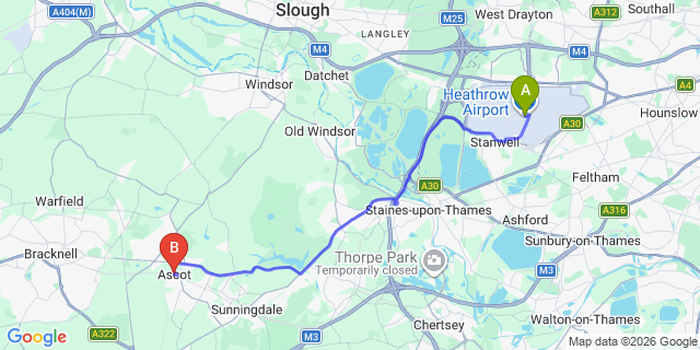 Map: London Heathrow Airport (LHR) to Ascot