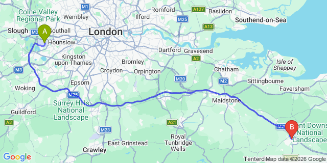 Map: London Heathrow Airport (LHR) to Ashford