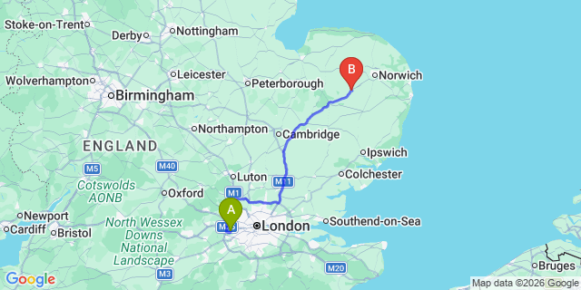 Map: London Heathrow Airport (LHR) to Attleborough