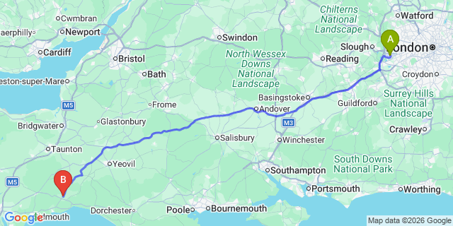 Map: London Heathrow Airport (LHR) to Axminster