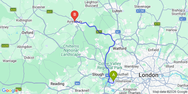 Map: London Heathrow Airport (LHR) to Aylesbury