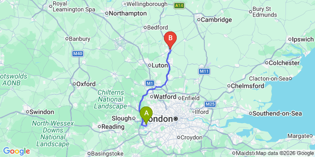 Map: London Heathrow Airport (LHR) to Baldock
