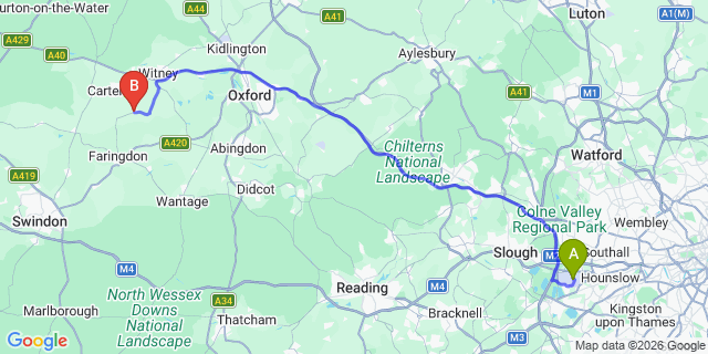 Map: London Heathrow Airport (LHR) to Bampton