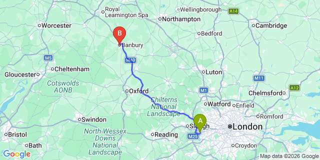 Map: London Heathrow Airport (LHR) to Banbury