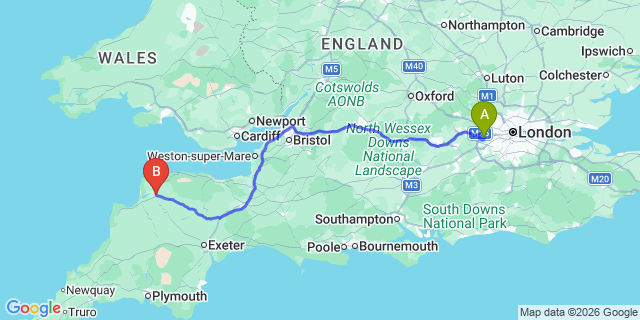 Map: London Heathrow Airport (LHR) to Barnstaple