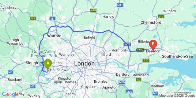 Map: London Heathrow Airport (LHR) to Basildon