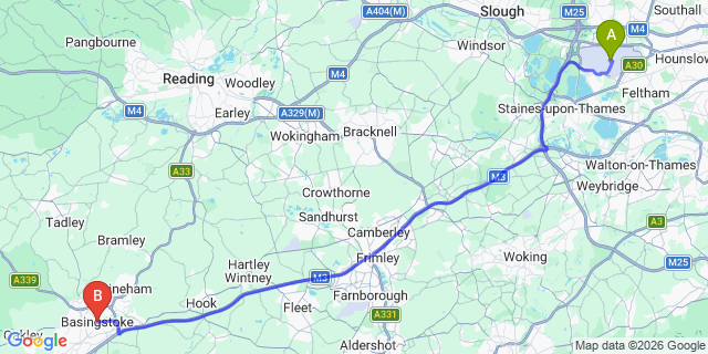 Map: London Heathrow Airport (LHR) to Basingstoke