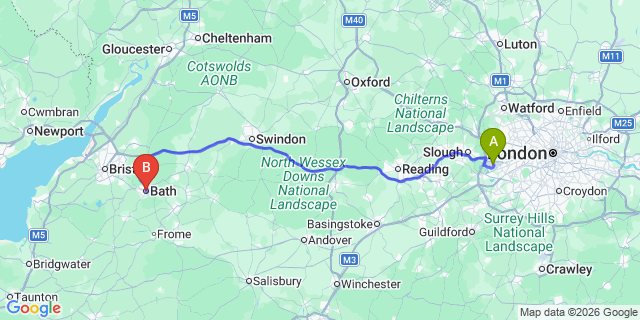 Map: London Heathrow Airport (LHR) to Bath