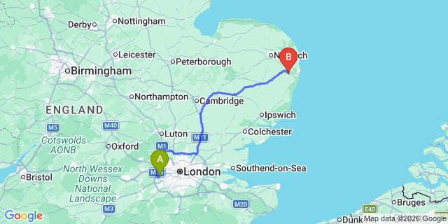 Map: London Heathrow Airport (LHR) to Beccles
