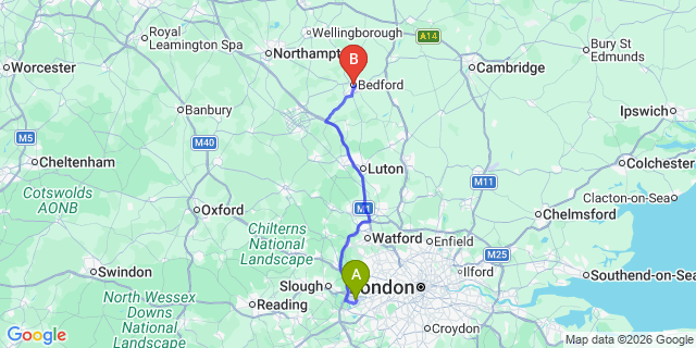 Map: London Heathrow Airport (LHR) to Bedford