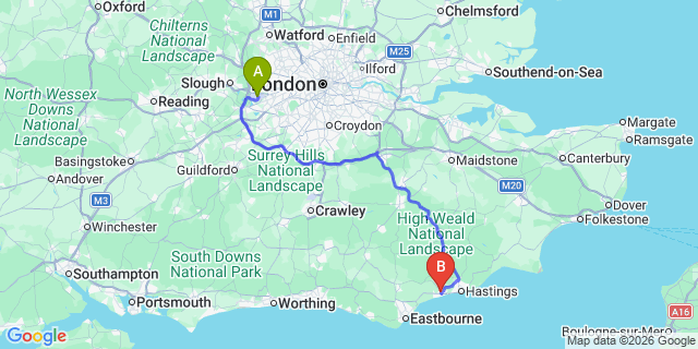 Map: London Heathrow Airport (LHR) to Bexhill