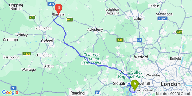 Map: London Heathrow Airport (LHR) to Bicester