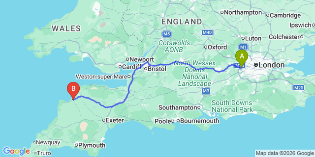Map: London Heathrow Airport (LHR) to Bideford