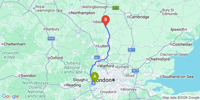 Map: London Heathrow Airport (LHR) to Biggleswade