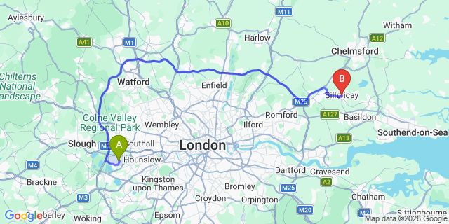 Map: London Heathrow Airport (LHR) to Billericay