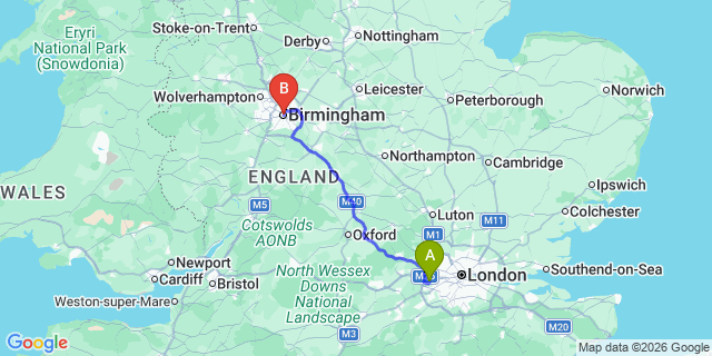 Map: London Heathrow Airport (LHR) to Birmingham