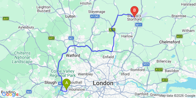 Map: London Heathrow Airport (LHR) to Bishops Stortford