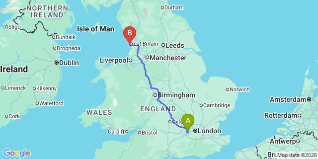 Map: London Heathrow Airport (LHR) to Blackpool