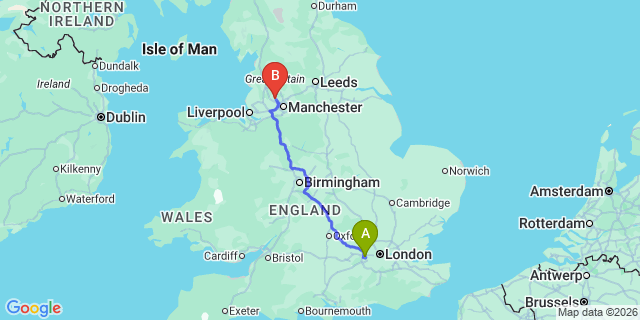 Map: London Heathrow Airport (LHR) to Bolton