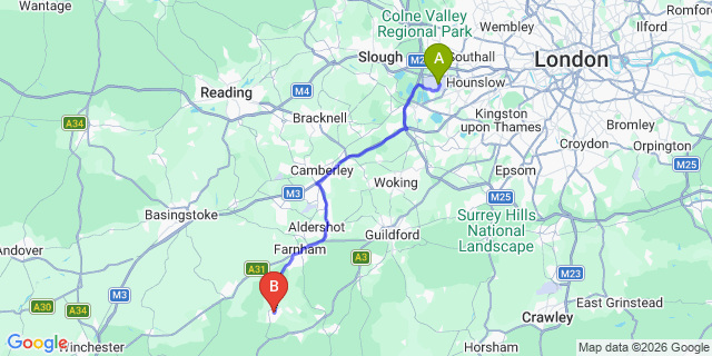 Map: London Heathrow Airport (LHR) to Bordon