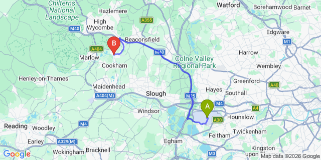 Map: London Heathrow Airport (LHR) to Bourne End
