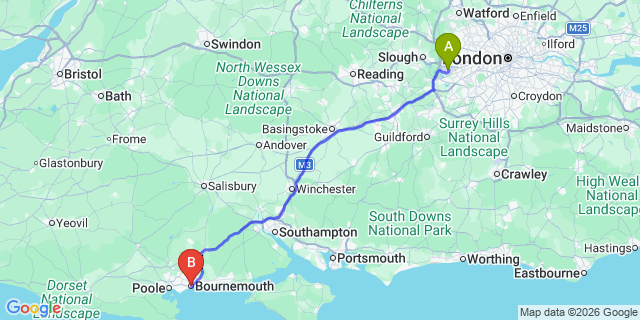 Map: London Heathrow Airport (LHR) to Bournemouth