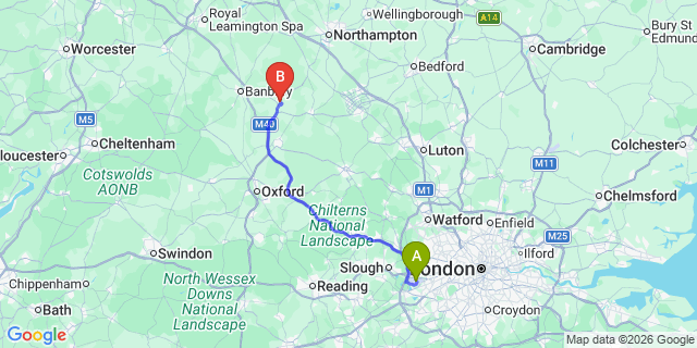 Map: London Heathrow Airport (LHR) to Brackley