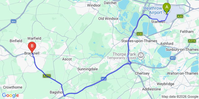 Map: London Heathrow Airport (LHR) to Bracknell