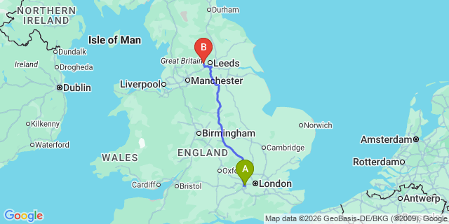 Map: London Heathrow Airport (LHR) to Bradford
