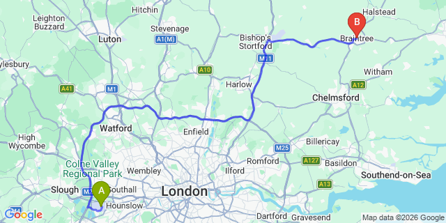 Map: London Heathrow Airport (LHR) to Braintree