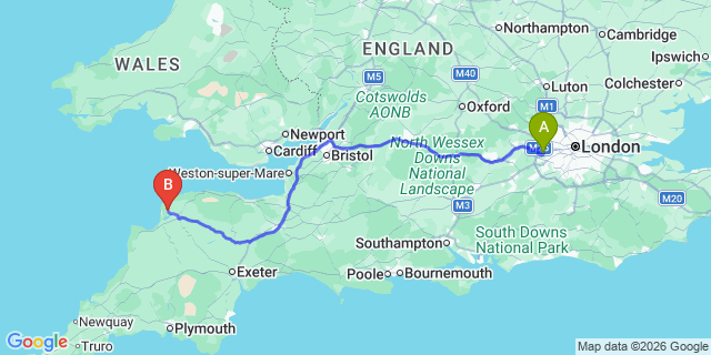 Map: London Heathrow Airport (LHR) to Braunton