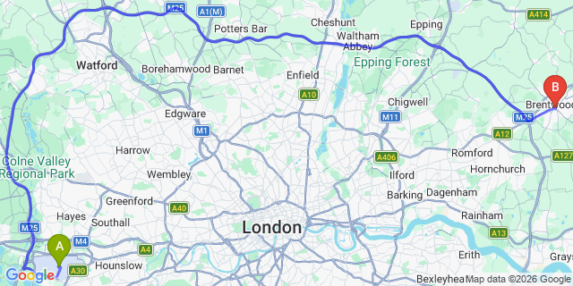 Map: London Heathrow Airport (LHR) to Brentwood