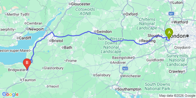 Map: London Heathrow Airport (LHR) to Bridgwater
