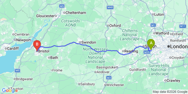 Map: London Heathrow Airport (LHR) to Bristol