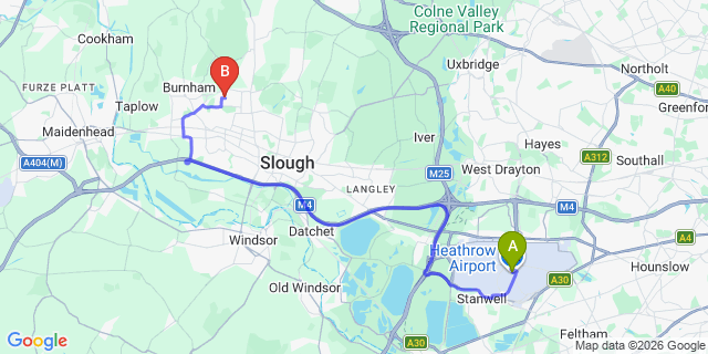 Map: London Heathrow Airport (LHR) to Britwell