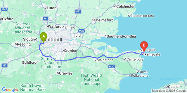 Map: London Heathrow Airport (LHR) to Broadstairs