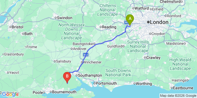 Map: London Heathrow Airport (LHR) to Brockenhurst