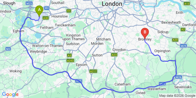 Map: London Heathrow Airport (LHR) to Bromley
