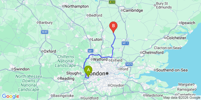 Map: London Heathrow Airport (LHR) to Buntingford