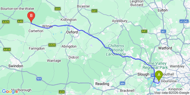 Map: London Heathrow Airport (LHR) to Burford