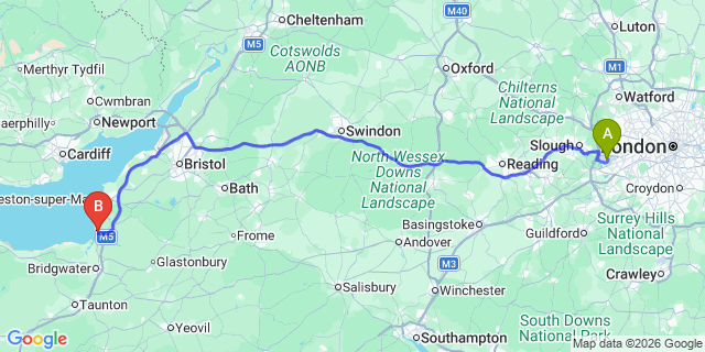 Map: London Heathrow Airport (LHR) to Burnham-On-Sea