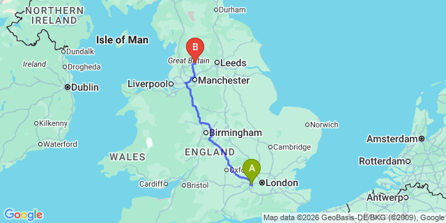 Map: London Heathrow Airport (LHR) to Burnley