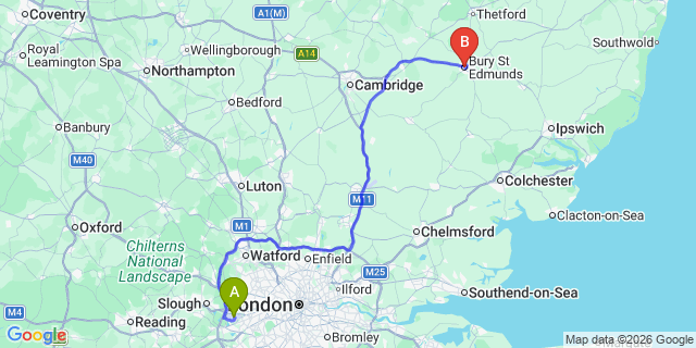 Map: London Heathrow Airport (LHR) to Bury St Edmunds