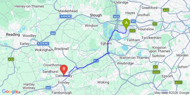 Map: London Heathrow Airport (LHR) to Camberley