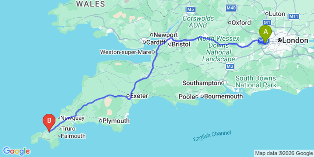 Map: London Heathrow Airport (LHR) to Camborne