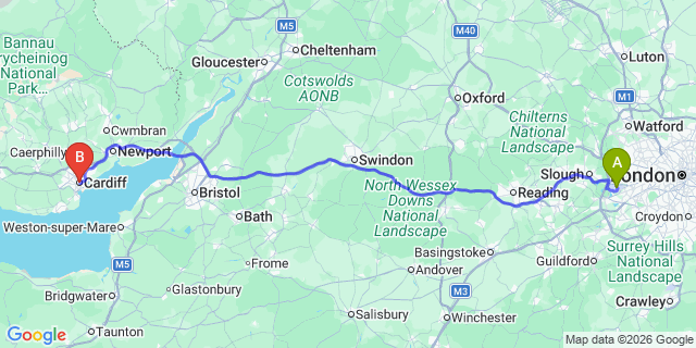 Map: London Heathrow Airport (LHR) to Cardiff