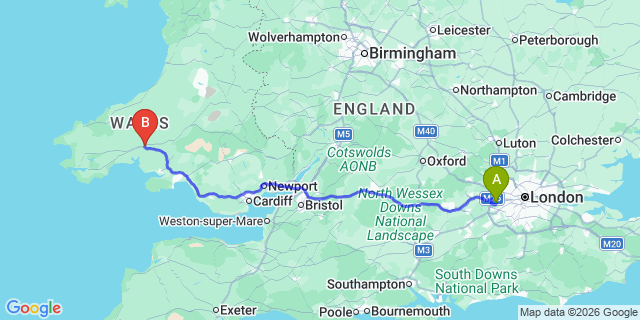 Map: London Heathrow Airport (LHR) to Carmarthen